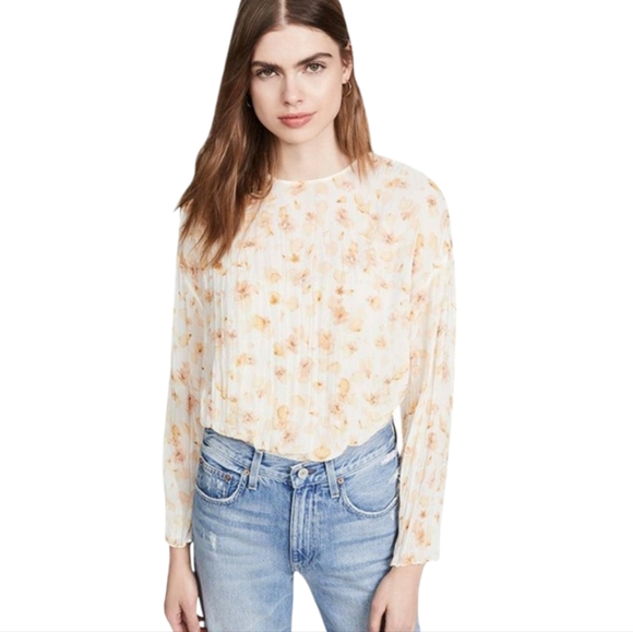 Vince Tops - Vince Pressed Petal Blouse Yellow Floral Pleated Crinkle Semi Sheer Top